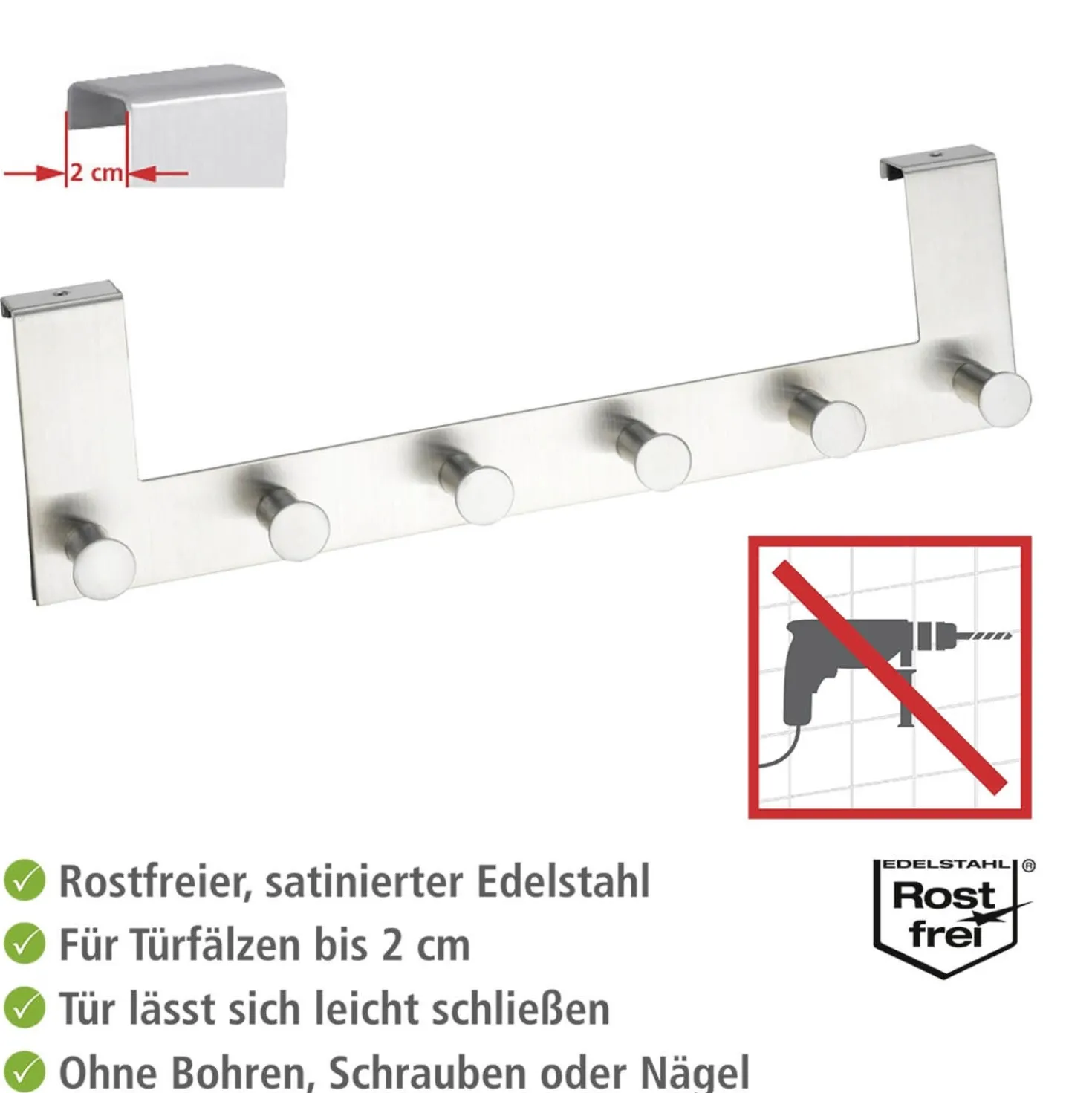 WENKO Türgarderobe Edelstahl Mod. Celano, 6 Haken, für Türfalzstärken bis 2 cm